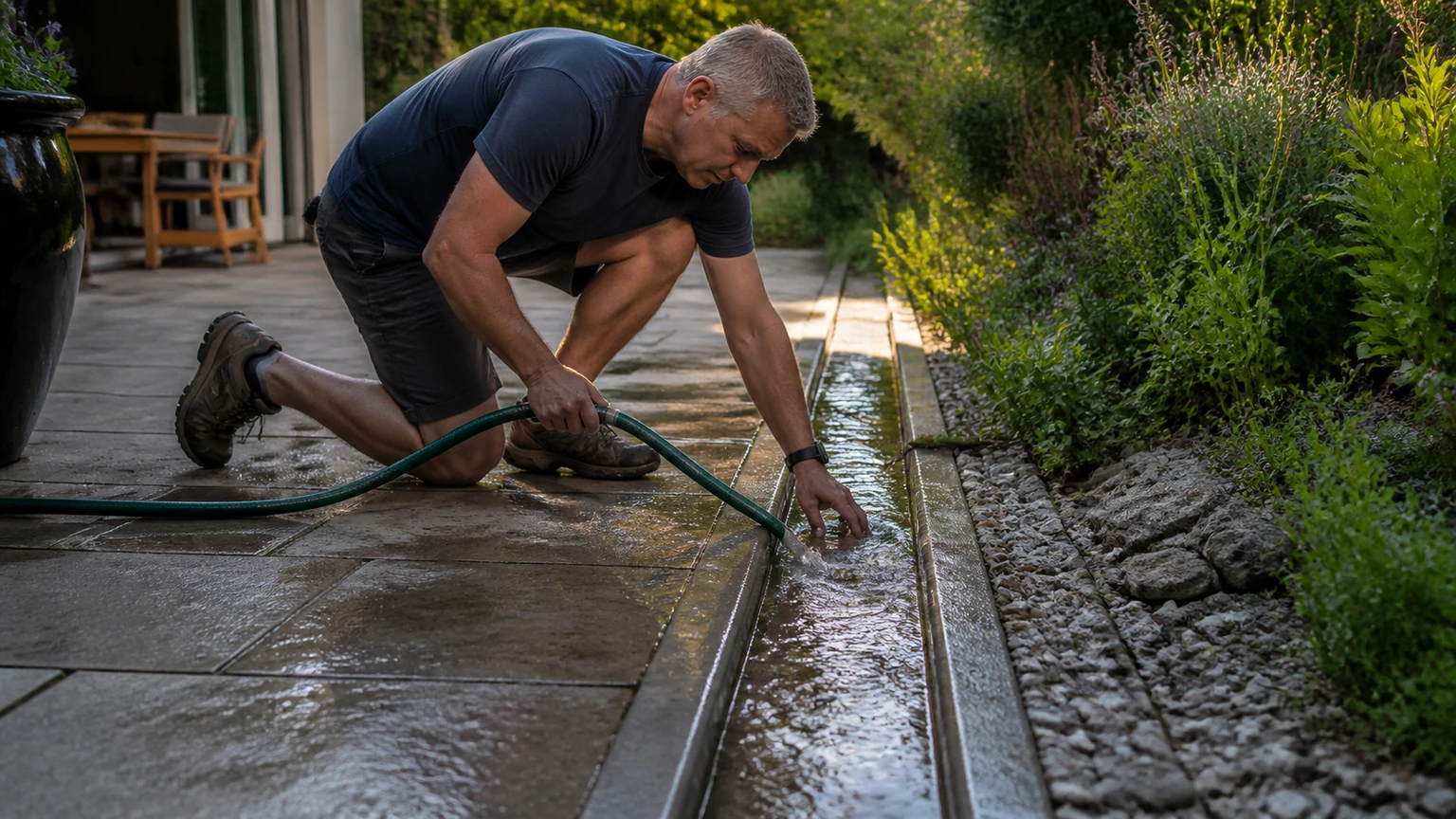 Scène en situation — Aménager une terrasse confortable grâce au drainage et à l’ombrage